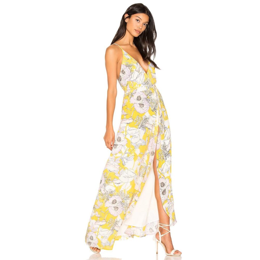 Yumi Kim Anthro Silk Floral Maxi Dress Rush Hour Wrap Tie Front Yellow Size XS - Picture 1 of 16